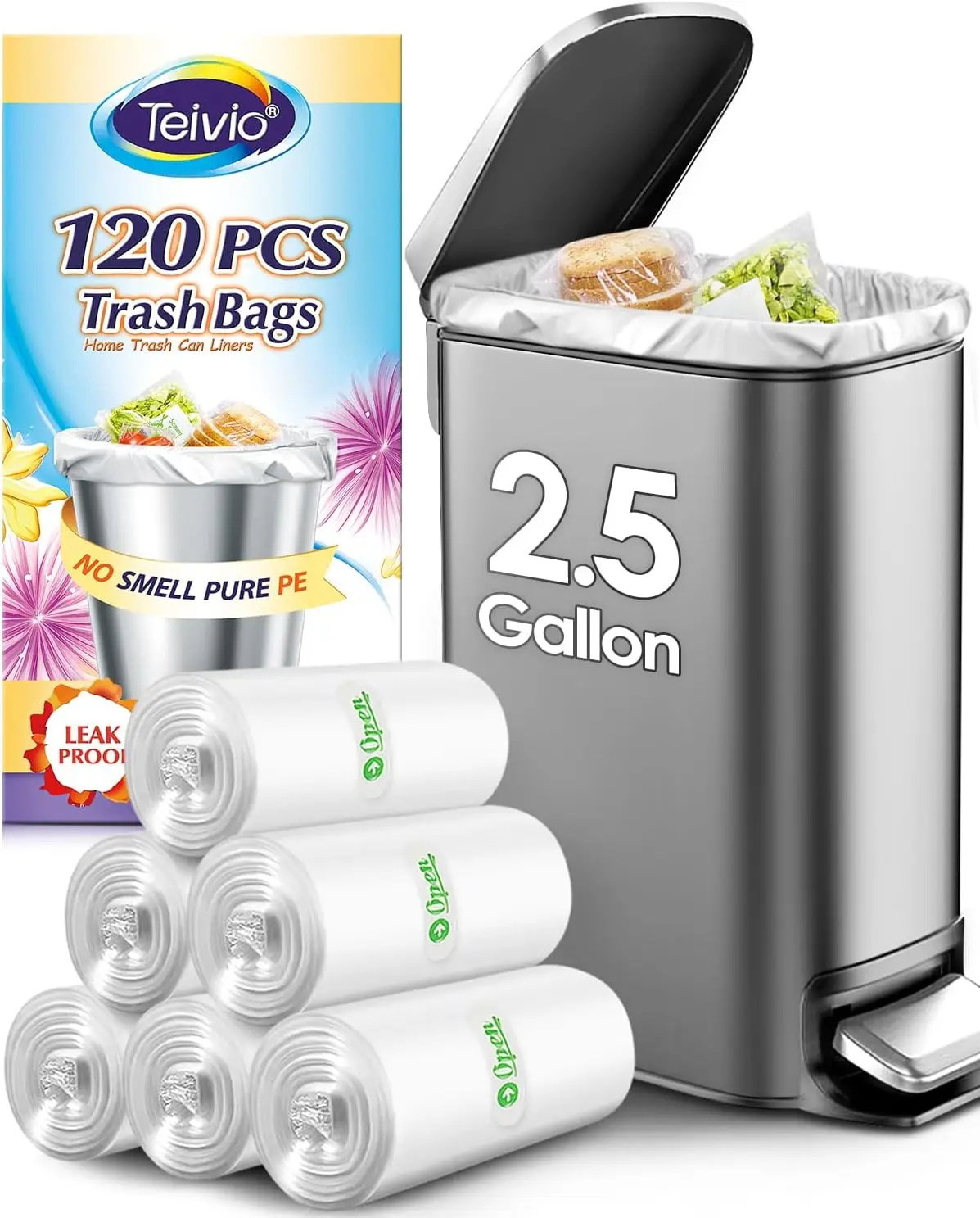 

2.5 Gallon 120 Count Clear Trash Bags for Home Office Kitchen Bathroom, Strong Leak-Proof Garbage Liners