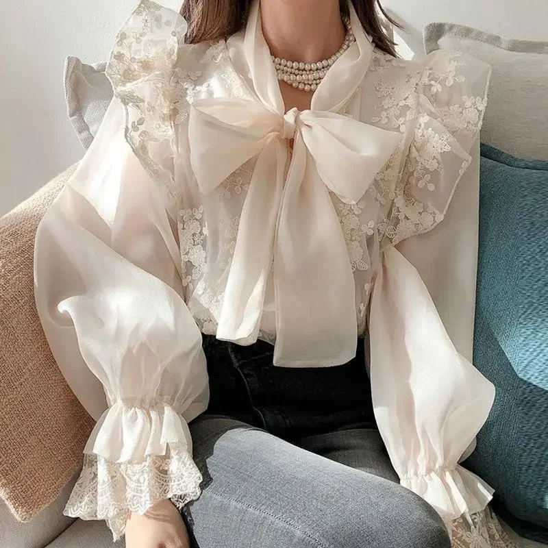 

QWEEK Chiffon Lace Up Blouse Woman Summer Loose Long Sleeve Shirt Female Elegant Luxury Vintage Clothes Korean Style Aesthetic