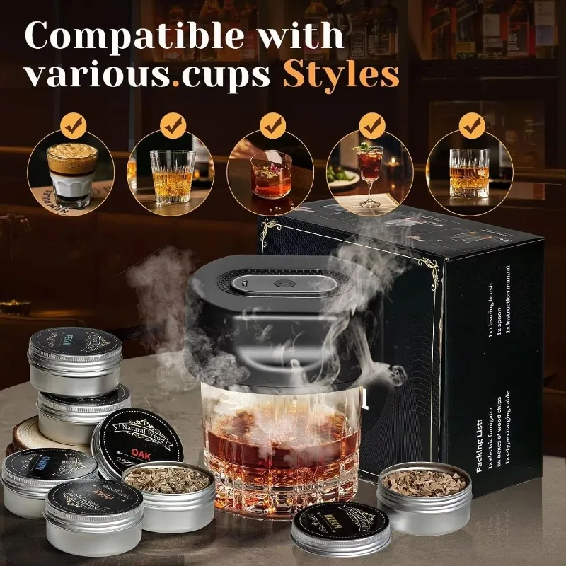 طقم مدخن مشروبات كهربائية عتيقة مكون من 6 رقائق خشبية، مجموعة بلاستيكية مدمجة، هدية بوربون منزلية مثالية #4