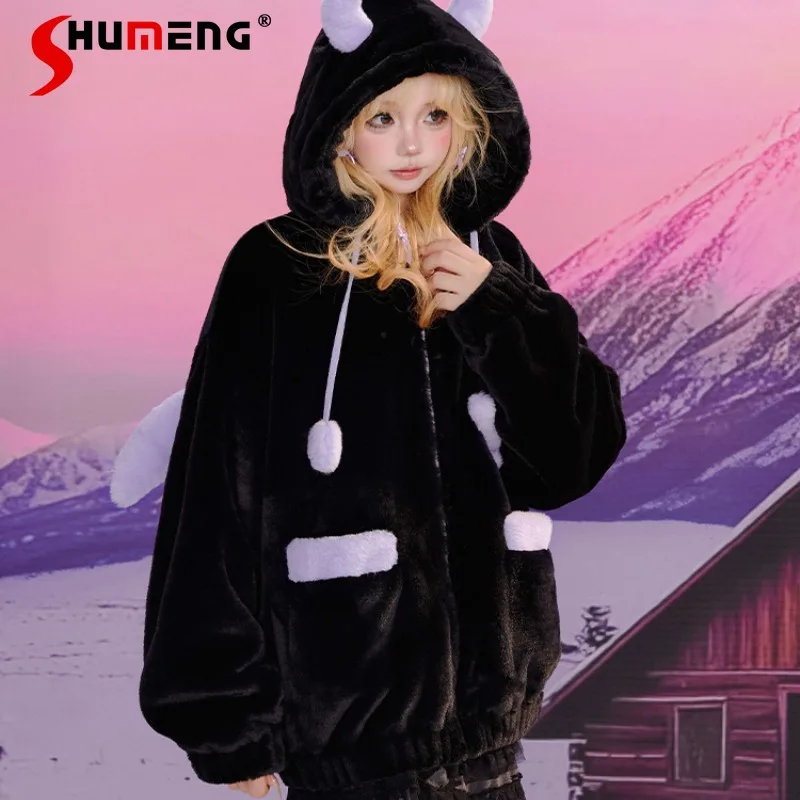 

Popular Design Hooded Jaquetas Top Women's 2024 Winter Imitation Rabbit Fur Cartoon Jacket Thickened Cute Padded Coat Streetwear