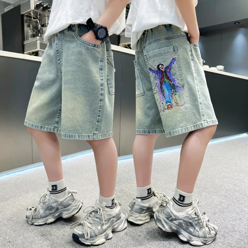 Kids Boys Retro Hip Hop Cartoon Clown Print Denim Shorts Graphic Streetwear y2k Tweens Child Loose Straight Harajuku Shorts 5-14