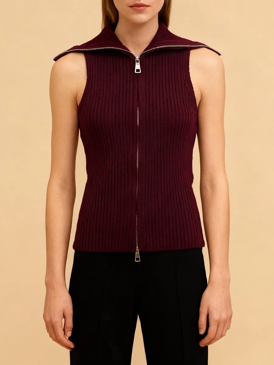 

Ribbed Knit Tank Top Women Spring Double Zipper Sleeveless Vest Tanks Designer Lapel Collar Slim Minimalist Basics Tops 2026