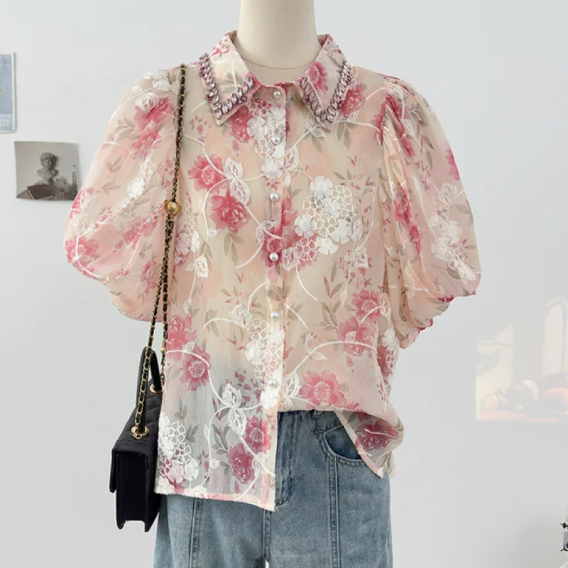 

2025,New,Summer,European,Clothes,Loose,Chiffon,Blouse,Chic,Sexy,Patchwork,Shiny,Beading,3D,Women,Short Sleeve,Cardigan,Tops,5605