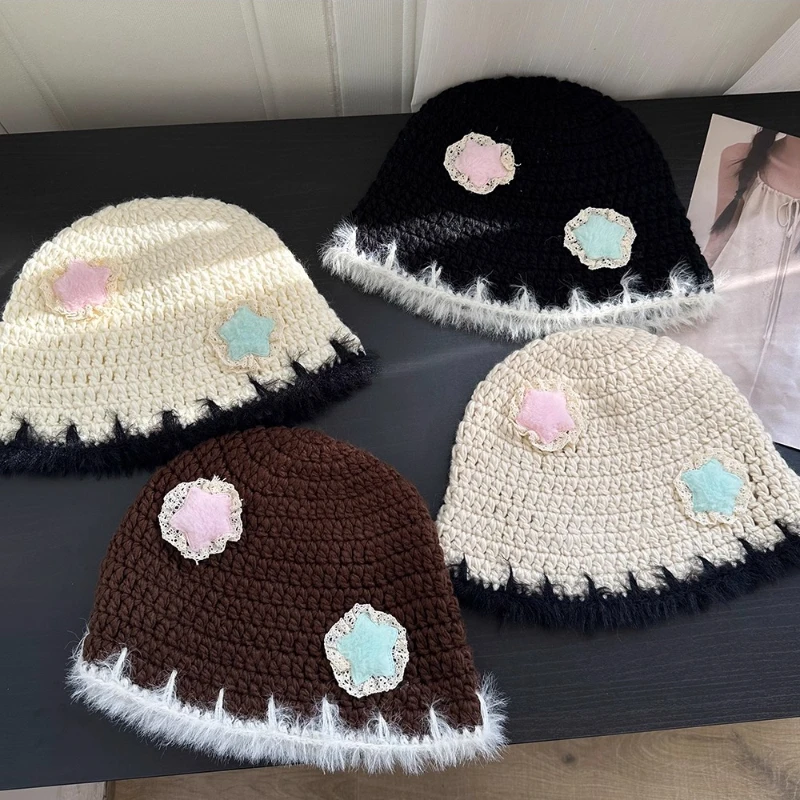 

Fashionable and Cute Star Knitted Woolen Hat for Women in Autumn and Winter New Plush Fisherman Hat for Warmth