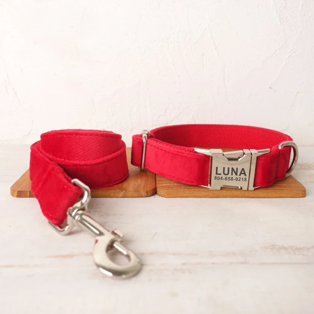 Personalized Dog Collar with Free Engraving, Matching Pet Leash,Customzied Contacts Metal Buckle,Red Thick Velvet Pet Collar