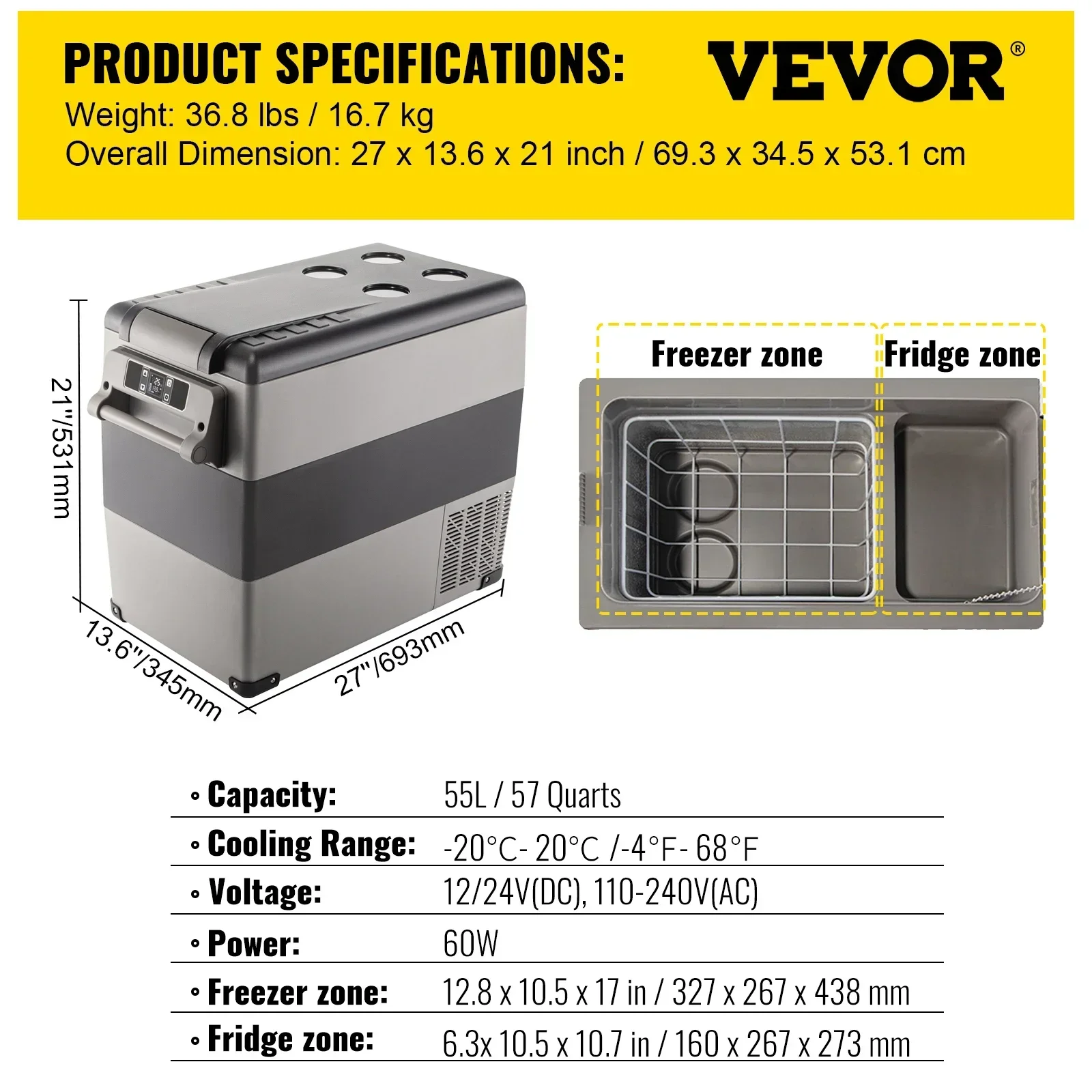 VEVOR 35L 45L 55L Autokühlschrank Mini-Kühlschrank mit Gefrierfach Tragbarer Kompressorkühler 12/24V DC 110-240V Eisbox für Camping 5
