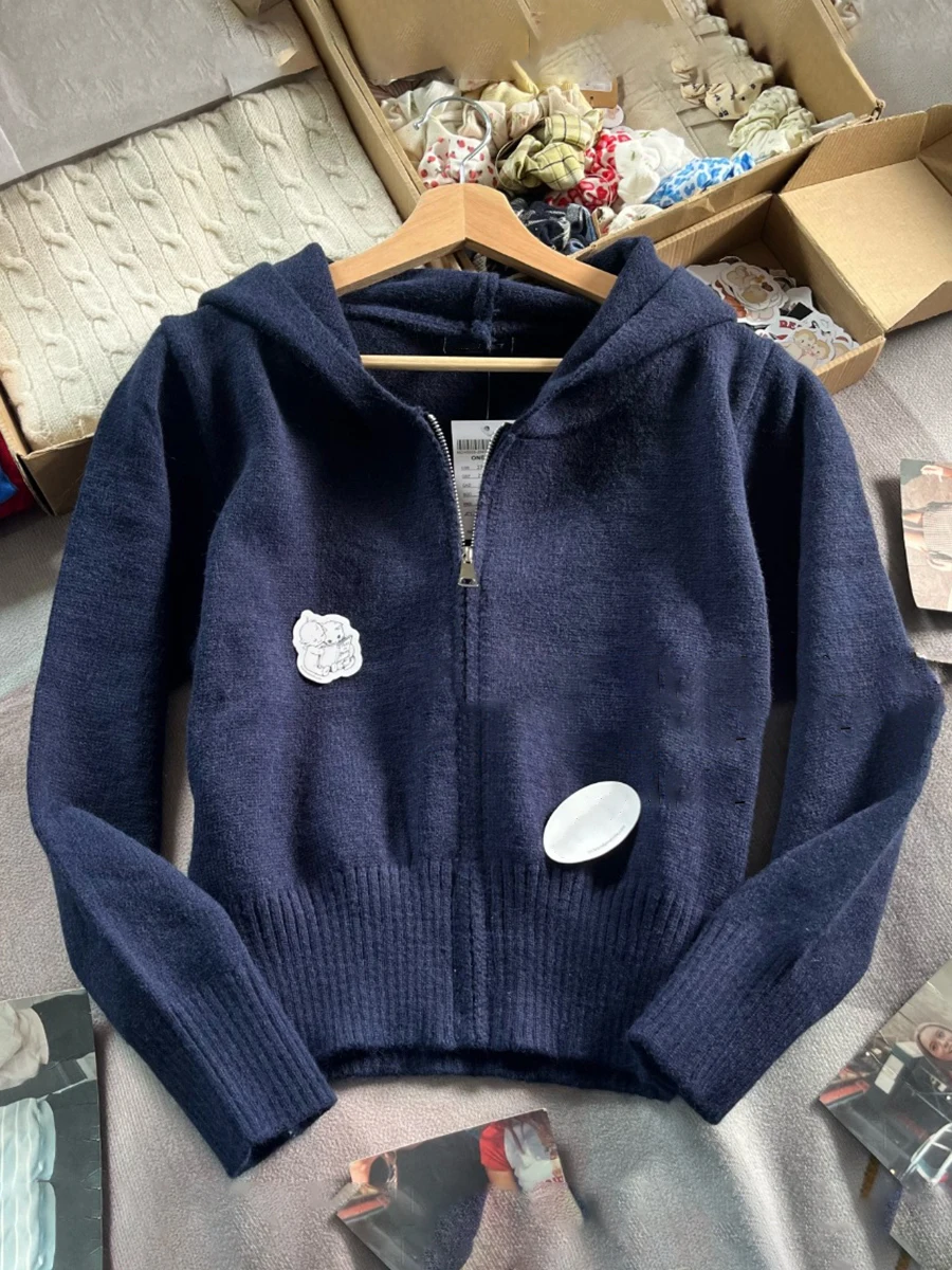 

Navy Knitted Hooded Sweater Cardigan Women Spring Long Sleeve Zipper Sweaters Female Vintage Casual Y2K Cotton Knitwear Coats