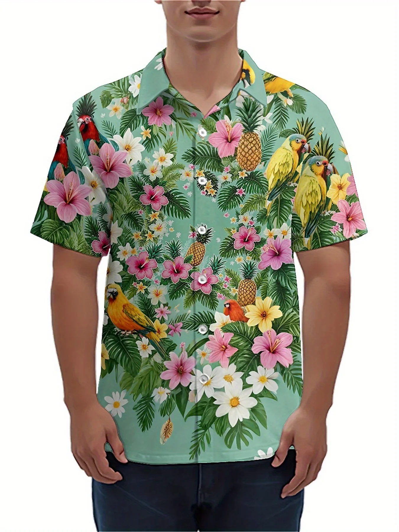 Men's Large Size Shirt - Pineapple and Parrot Pattern, Hawaiian Aloha Shirt, Lapel, Breathable Loose, Casual Summer Clothes