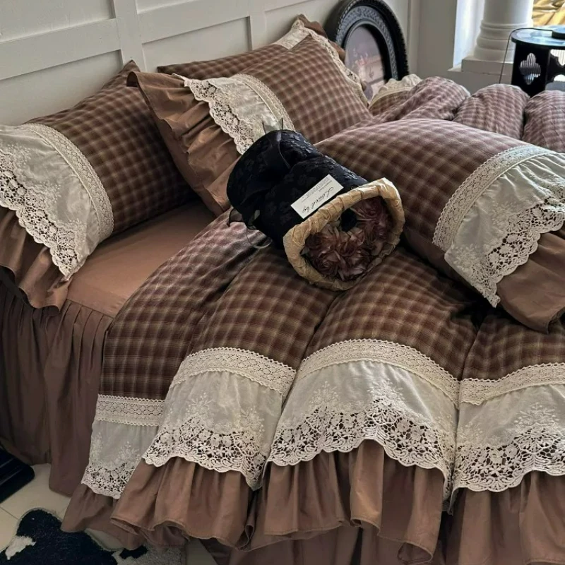 French Style Bedroom Vintage Plaid Washed Cotton 4-piece Set Pure Cotton Embroidery Lace Edge Duvet Cover Princess Bed Skirt