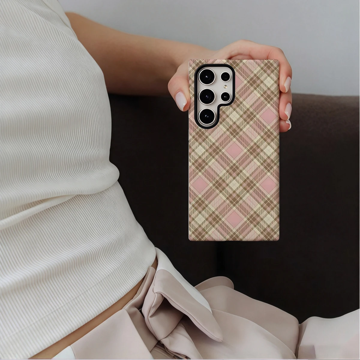 Pink Brown Argyle Plaid Phone Case For Samsung Galaxy S26 S25 Ultra S24 S23 Plus Hard Shock‑Absorption 2-in-1Protective Cover