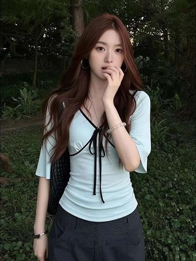 Korean Style  Knot Waist Cinched V-Neck Short Sleeve T-Shirt Women's Summer Fashionable Bell Sleeve Design Top