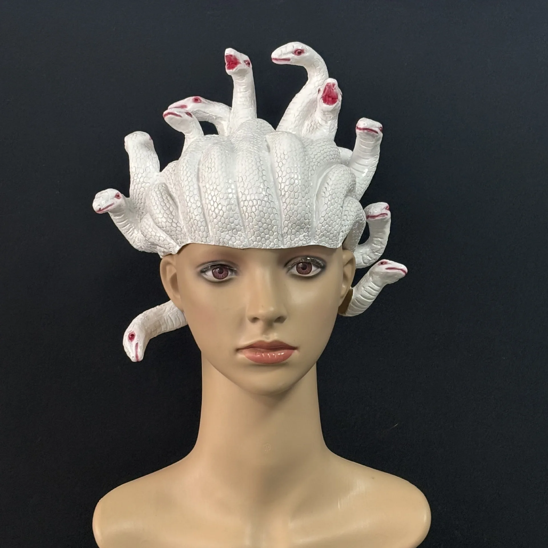 Weißer, mehrschlangenförmiger Kopfschmuck aus Latex, Horror-Halloween-Party-Cosplay-Kostüm-Kopfbedeckung für Erwachsene, Kostüm-Requisiten. – Detail 5