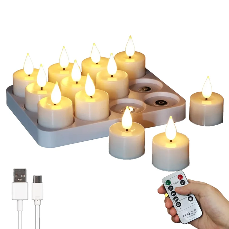 

YSUN-Flameless Tea Lights With Rechargeable Battery& Charging Base, Remote Timer Function, 12-Pack For Home, Christmas, Wedding
