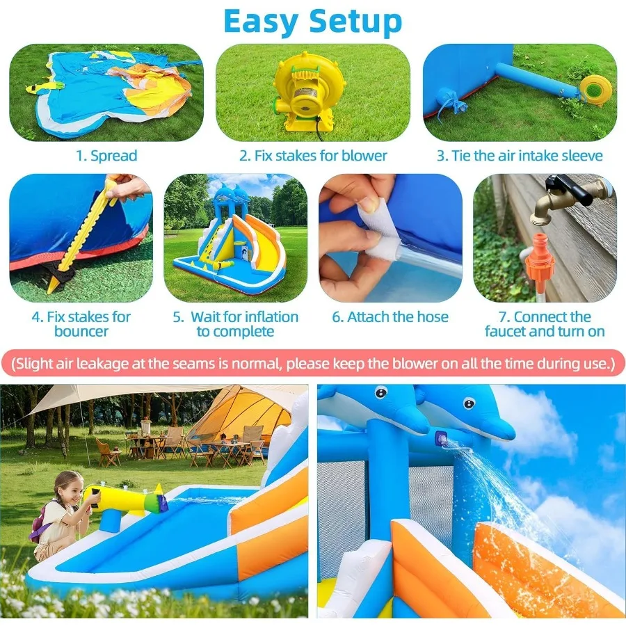 インフレータブルウォータースライダー、5 in 1イルカ型インフレータブルバウンスハウス（子供用）- クライミングウォール、スプラッシュプール、ウォーターキャノン、バスケットボールリム -