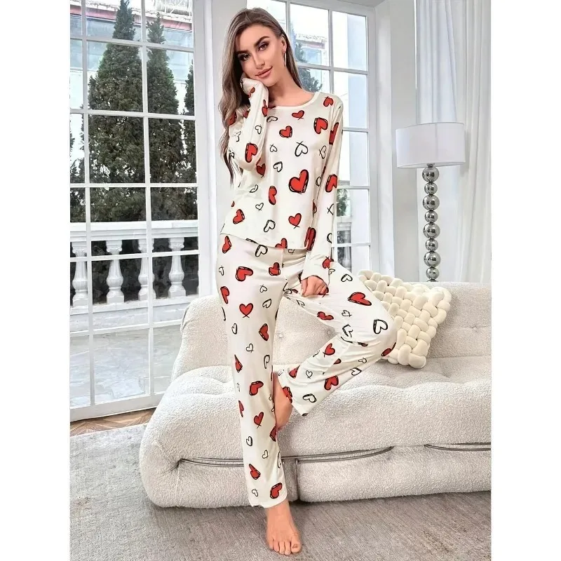 Summer Two-Piece Casual Pajama Ribbed Knit Cute Printed Heart Crop Top Tank Top and Shorts Women's Camisole Sexy Pajama Set