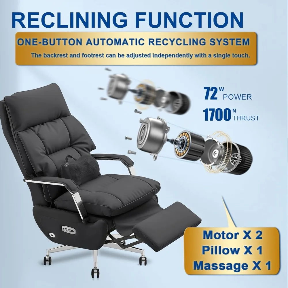 كرسي مكتب منزلي بمحرك مزدوج: 430 رطل كبير وطويل، جلد PU، تدليك، مسند للقدمين، دعم الوسادة