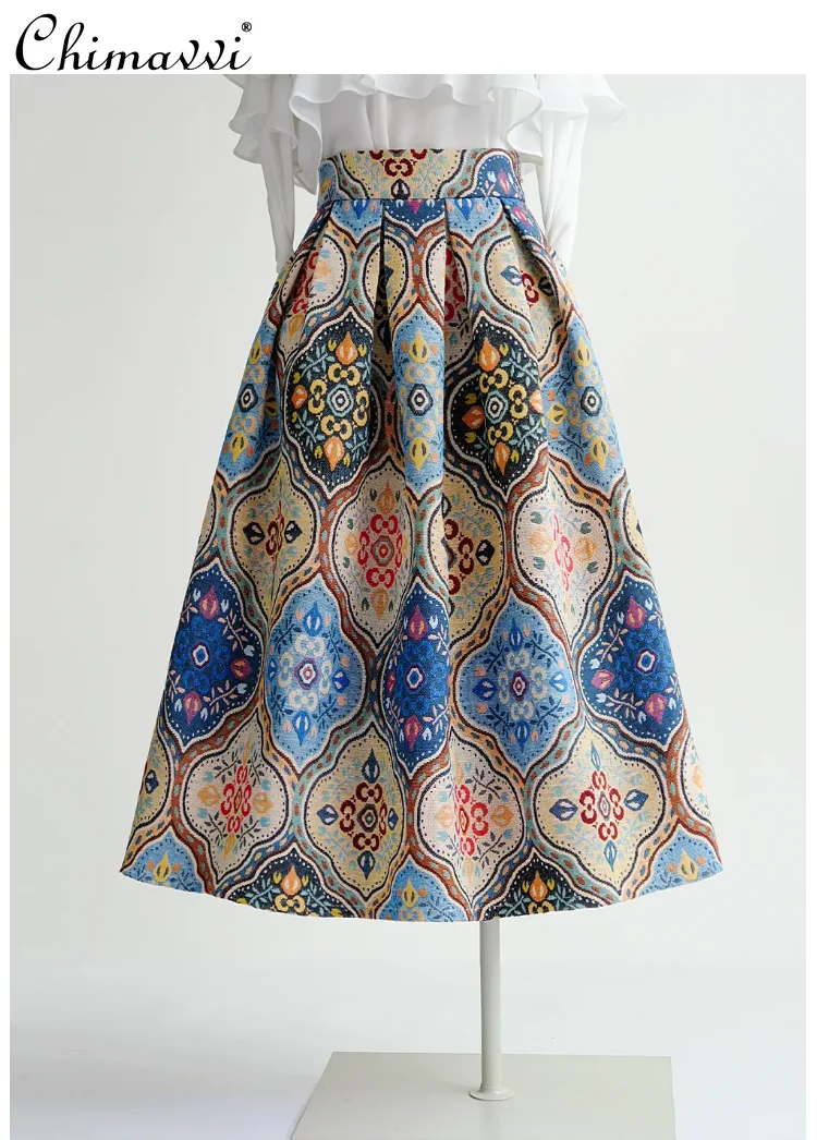 

French Elegant Retro Commuter Versatile High-Waisted A-Line Skrits Fashion Printed Pleated Long Skirt for Women 2026 Spring