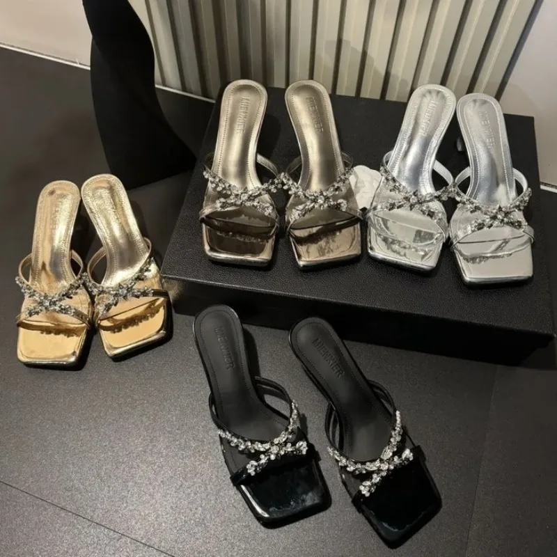 

Luxury Rhinestone Open Toe Heeled Shoes Woman Satin Square Toe Designer Women Sandals Fashion Elegant Thin Heeled Slide Sandals