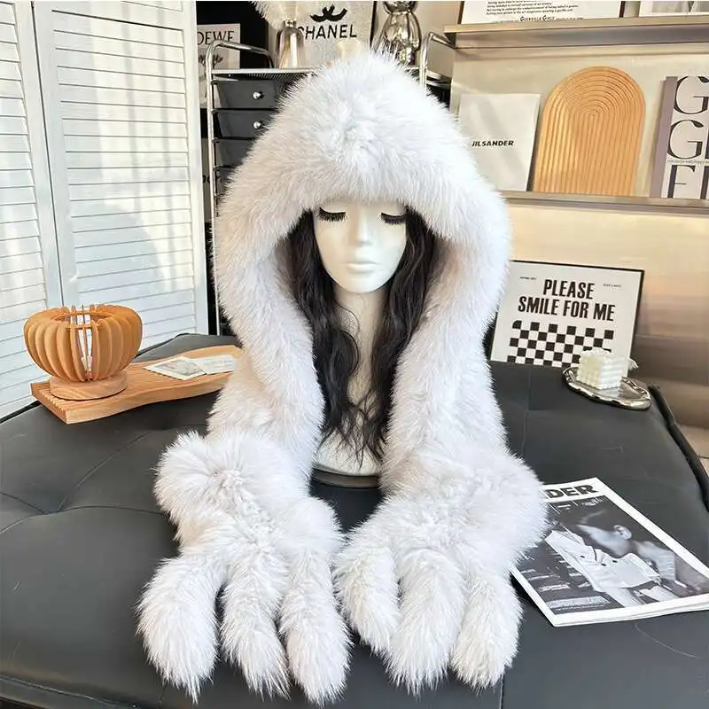 

Fox Fur Hat Scarf Snow Hat Full Fur Double-Sided Woven Real Fur Integrated Cold-Proof Fur Women's Hat Warm Extended