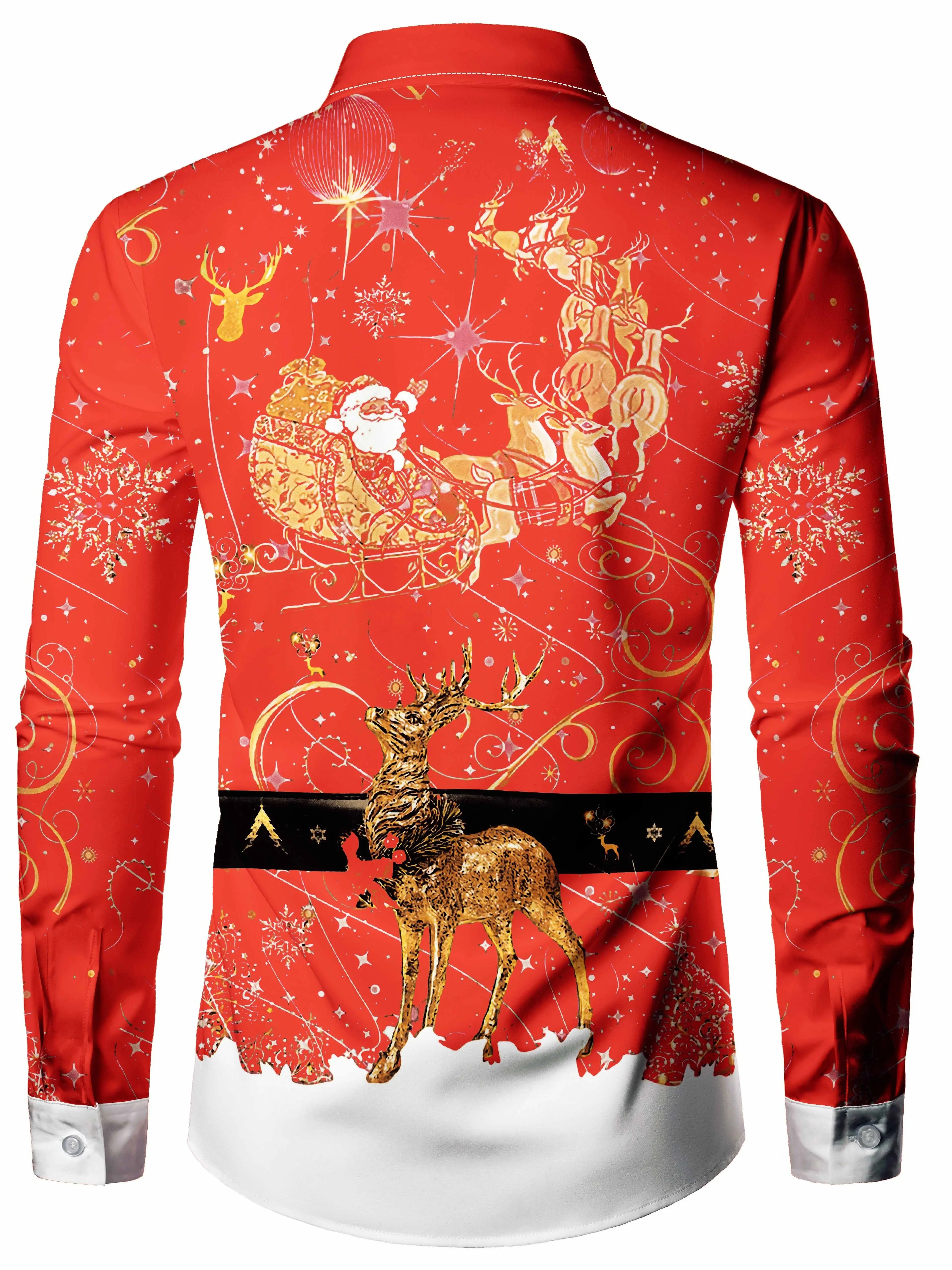 Camisa con patrón de Papá Noel para hombre, Tops con solapa, cierre de manga larga, camisas casuales para hombre, ropa de calle para vacaciones diarias