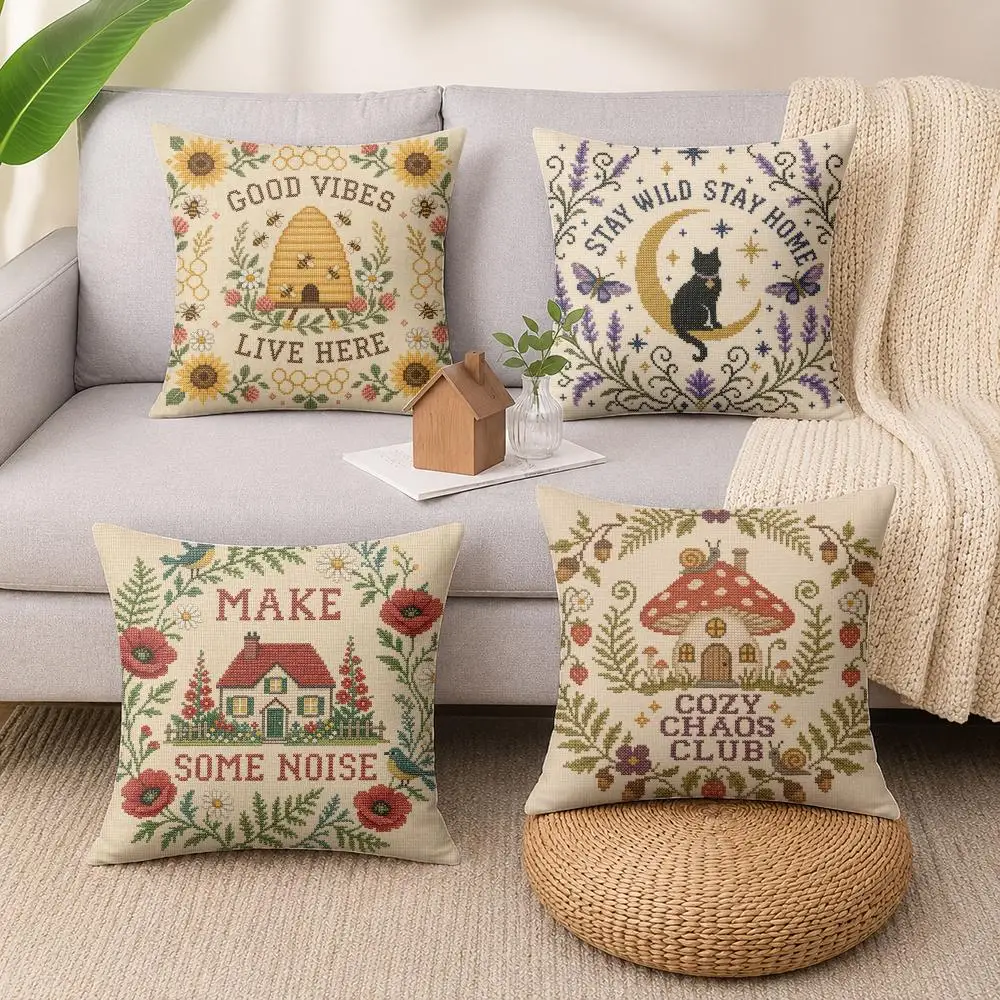Folk Cross Stitch Home Cushion Cover Luxury Soft Plush Short Fur Cushion Case Warm Cozy Sofa Bed Decorative Home