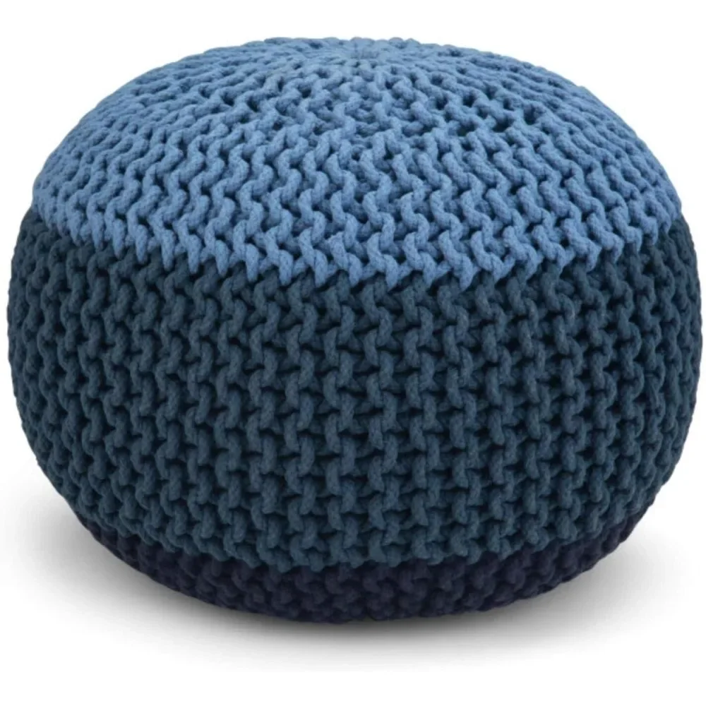 

Stool for Living Room Round Hand-knitted Stool Hallway Ottoman Free Shipping Blue Upholstery Bohemian Style Navy Cotton Home