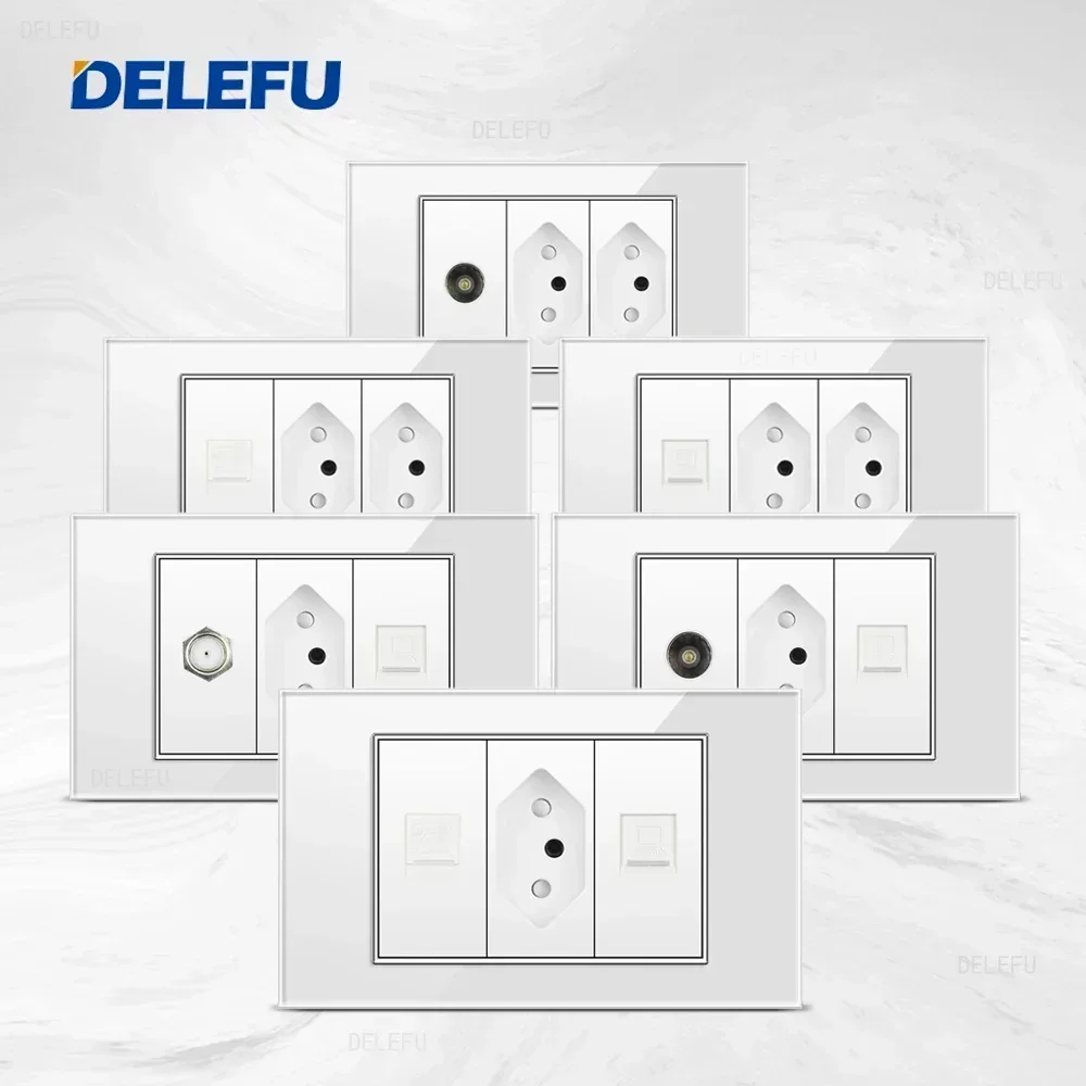 DELEFU White Glass panel Swiss-Brazil standard series 118*74mm wall computer combination socket switch