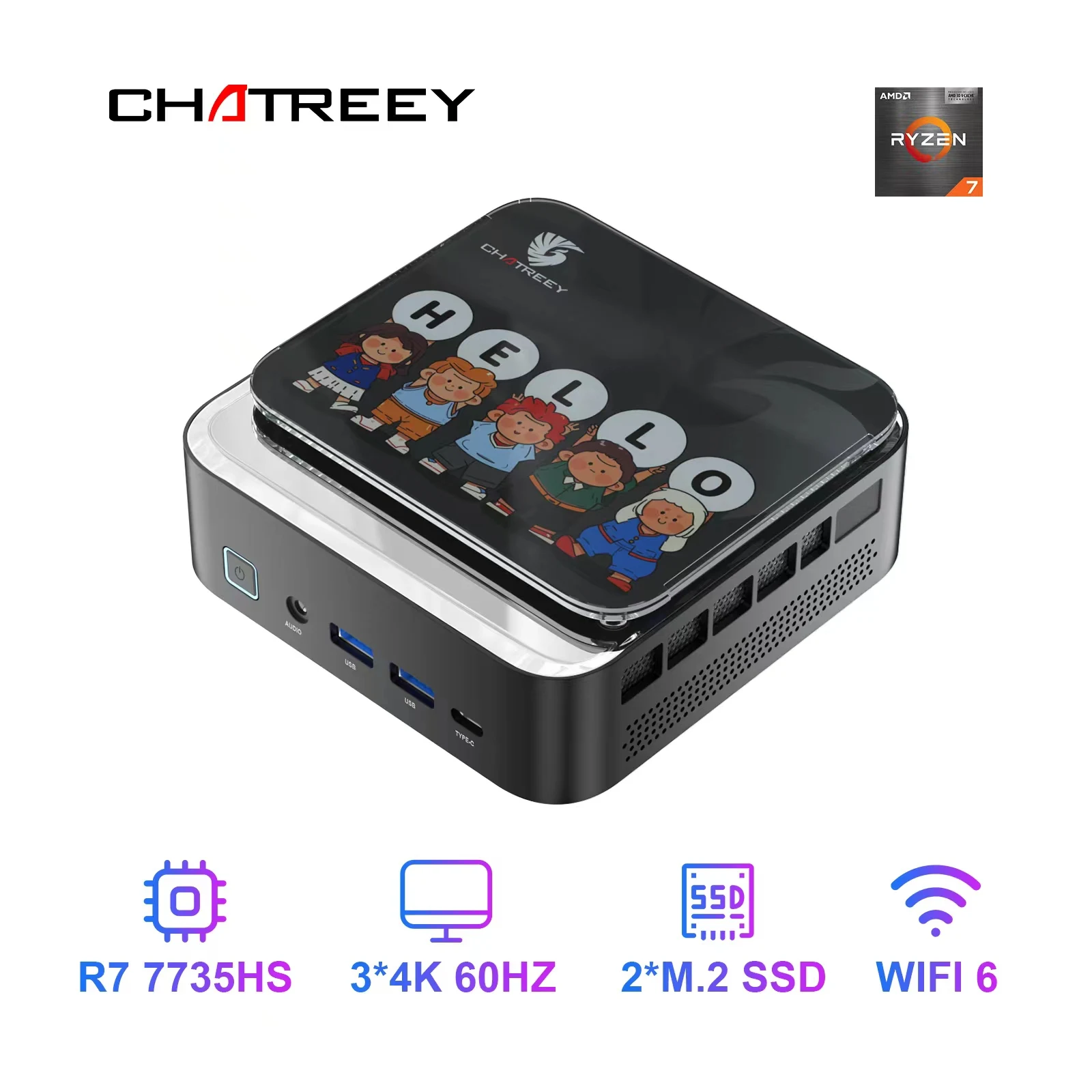 Chatreey AN3P Mini PC R7 7735HS 680M Gaming Desktop Computer with WiFi 6/Bluetooth 5.2//HDMI/DP