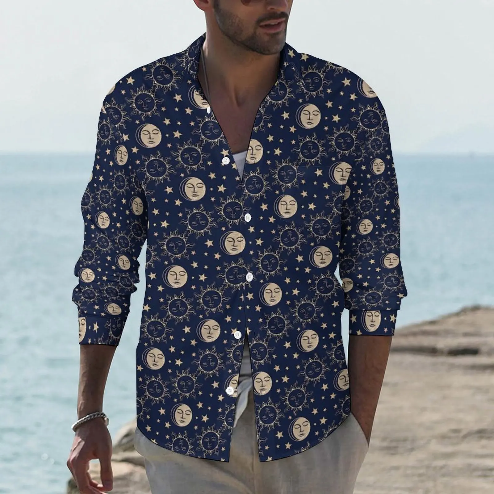 Chemise décontractée à manches longues pour hommes, chemises décontractées à imprimé graphique vintage, vêtements cool, soleil et lune, grande taille, automne