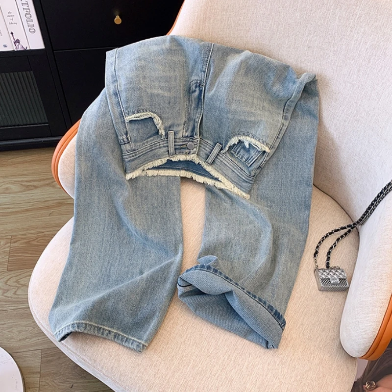 

Blue Design Sense Y2K Women's Jeans Women American Straight Leg Pants Streetwear High Waist Pants Vintage Female Summer Trousers