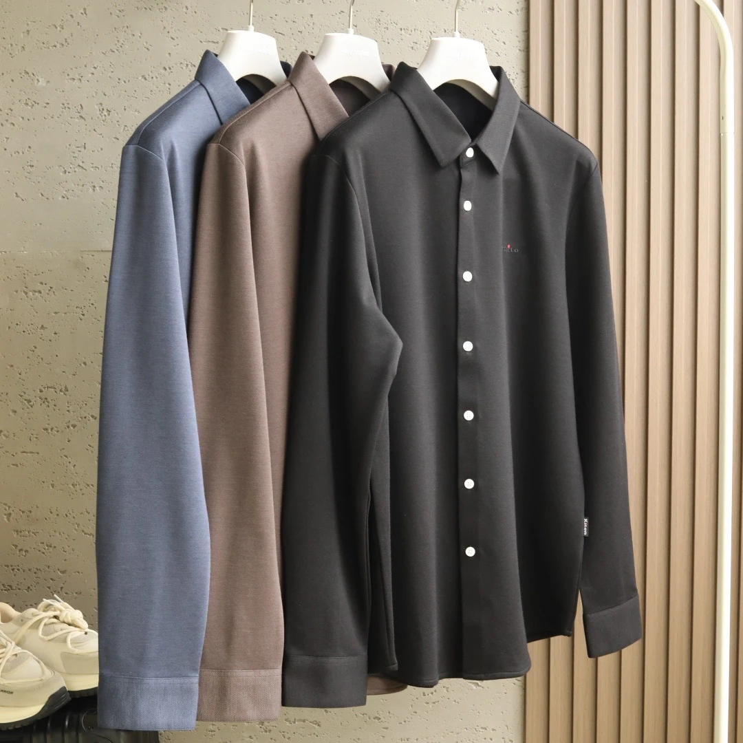 قميص Kiton القديم بنمط المال أوائل الخريف الجديد بلون سادة كاجوال للأعمال متعدد الاستخدامات للرجال بأكمام طويلة وطية صدر السترة