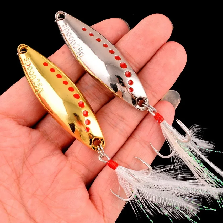 1Pcs Metal Spinner Spoon Fishing Lures 2.5g-30g Gold Silver Artificial Bait With Feather Treble Hook Trout Pike Bass Tackle