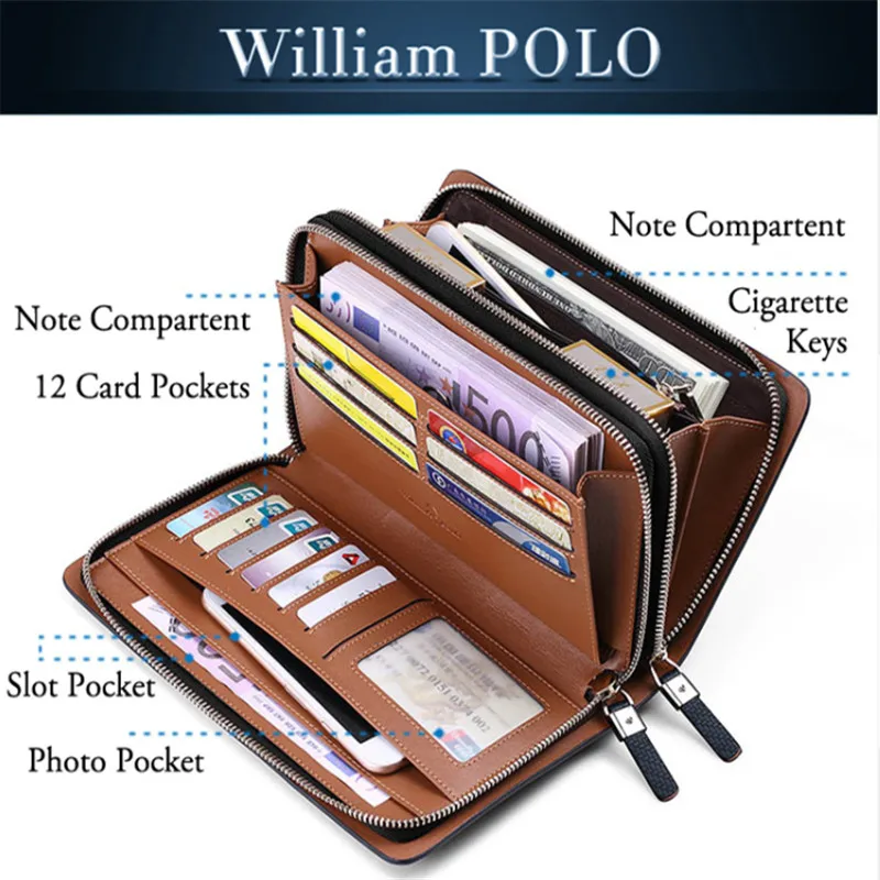 Williampolo masculino carteira de negócios grande capacidade bolsa de embreagem de couro genuíno carteira dupla zíper bolsa longo