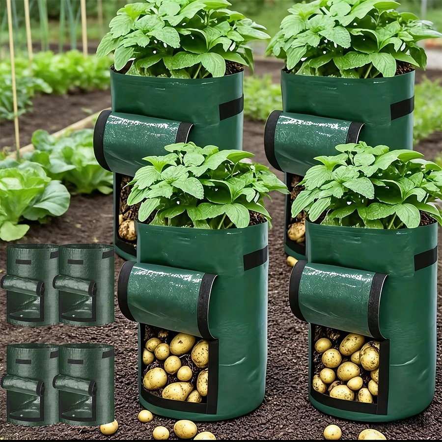 Green Plant Grow Bags, Aeration Fabric Pots with Flap and Handles Planter Pots for Onion, Fruits, Tomato, Carrot, Vegetable Bags
