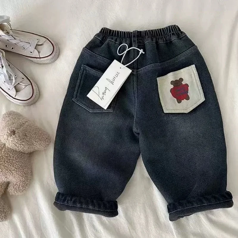 

Boys' Warm Fleece-Lined Thick Denim Pants for Autumn and Winter 2025 High-Quality Teenage School Clothing Kids' Trousers 2-8Y