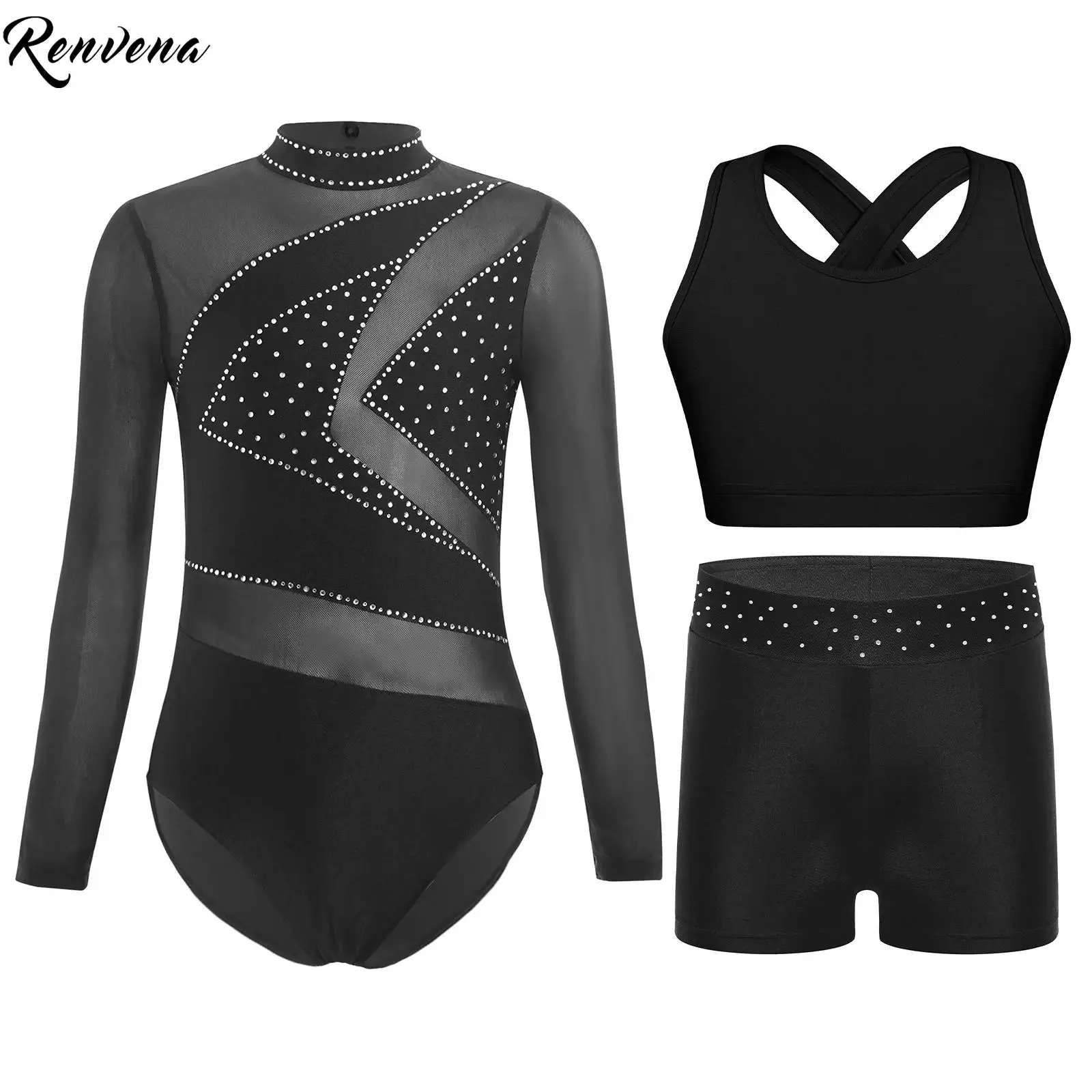 

Детские комплекты для балетной гимнастики для девочек, костюм для фигурного катания, дизайн с перекрестной спинкой и шортами-боксеры со стразами, йога, фитнес