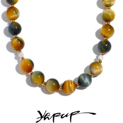 Yhpup Maillard Natural Stone Tiger Round Beads Chain Collar Necklace Stainless Steel Handmade Jewelry Waterproof for Women Gift