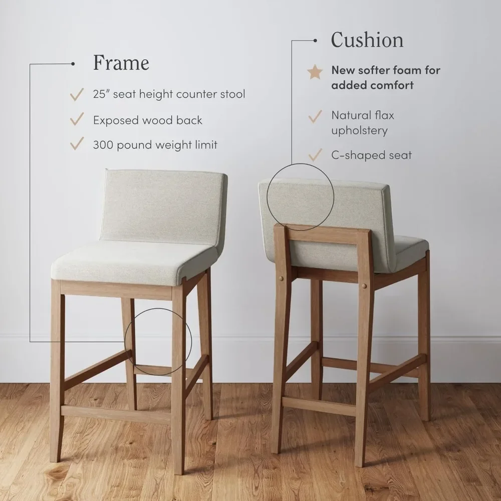 Kursi Bar Tinggi dengan Pelapis Kain Linen Putih Alami dan Penyangga Punggung