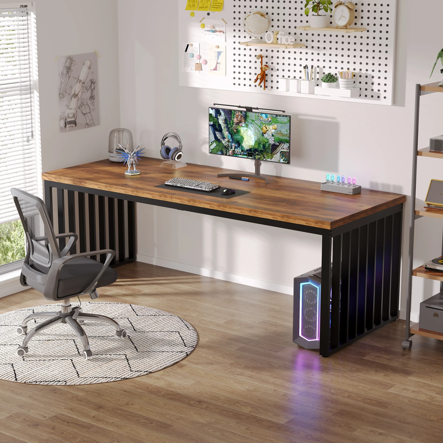 LITTLE TREE 2-persoons bureau met metalen frame, 180 cm dubbel bureau voor twee personen, industriële lange computer-schrijftafel