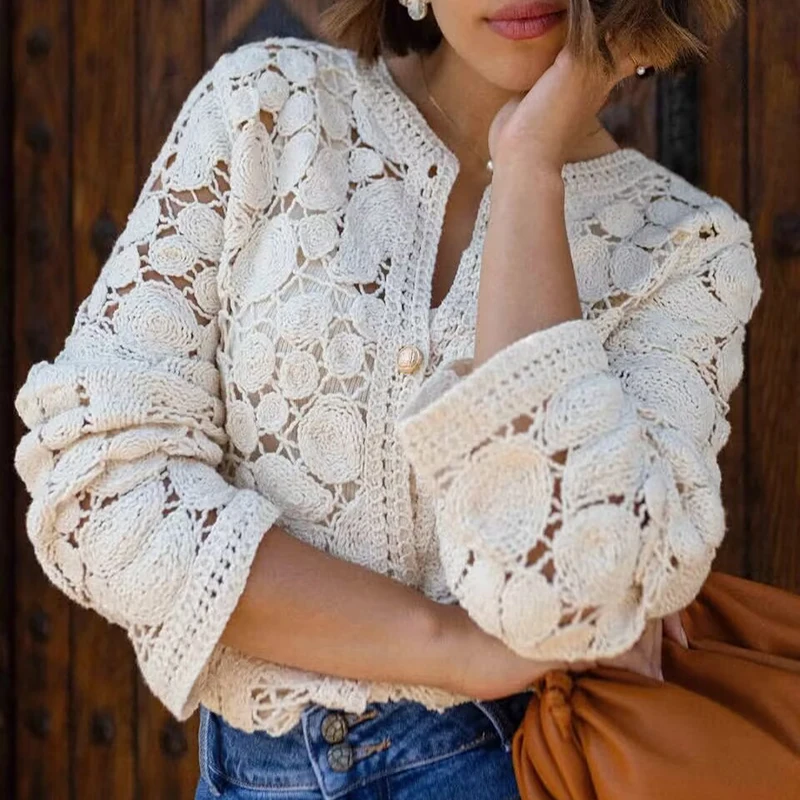 Camicia da donna monopetto sottile per il tempo libero Temperamento Cardigan scavato in pizzo tinta unita Top da pendolare a maniche lunghe da donna elegante