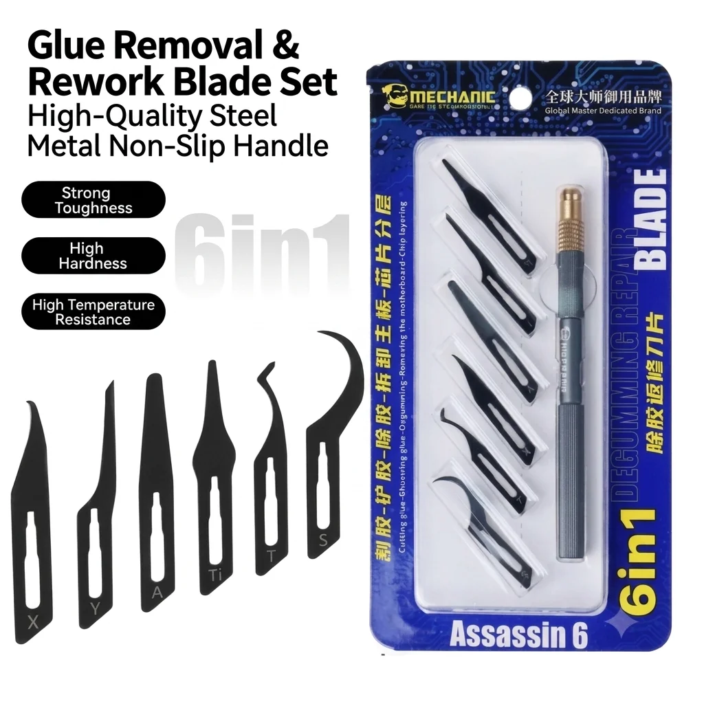 MECHANIC Assassin6 Degumming Rework Blade With Handle 6in1 for Phone CPU IC Glue Removal Chip Layering Motherboard Repair Tool