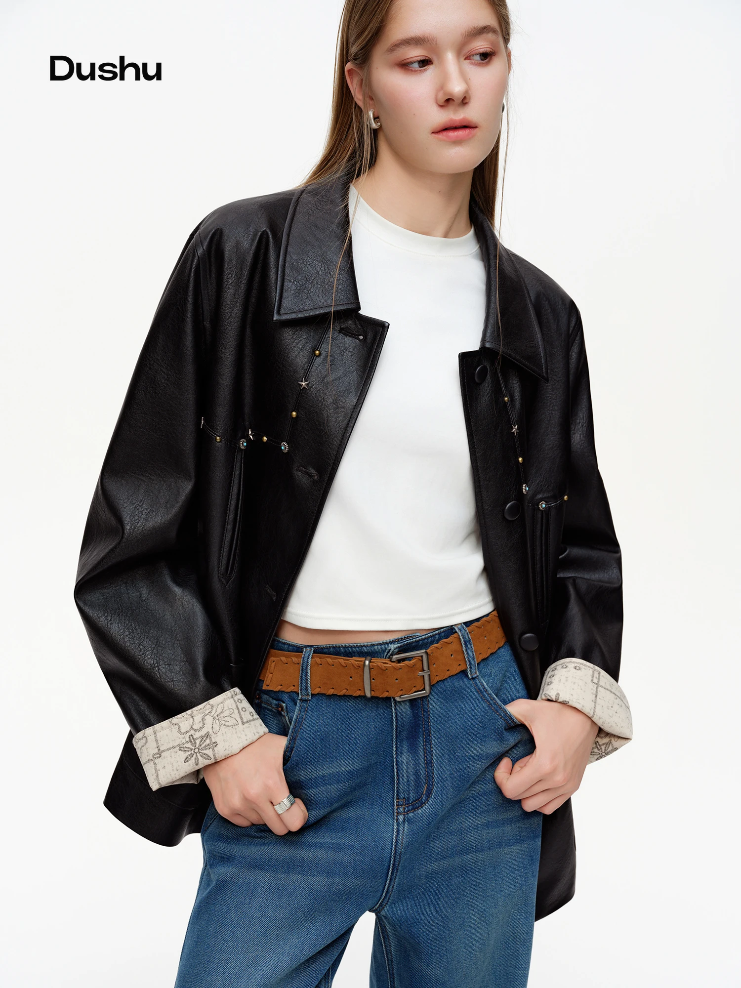 DUSHU 2026 Spring New Oversized Leather Jacket Women Mid-Length Fashion Notch Lapel Loose Coat Casual Chic Outerwear Coat