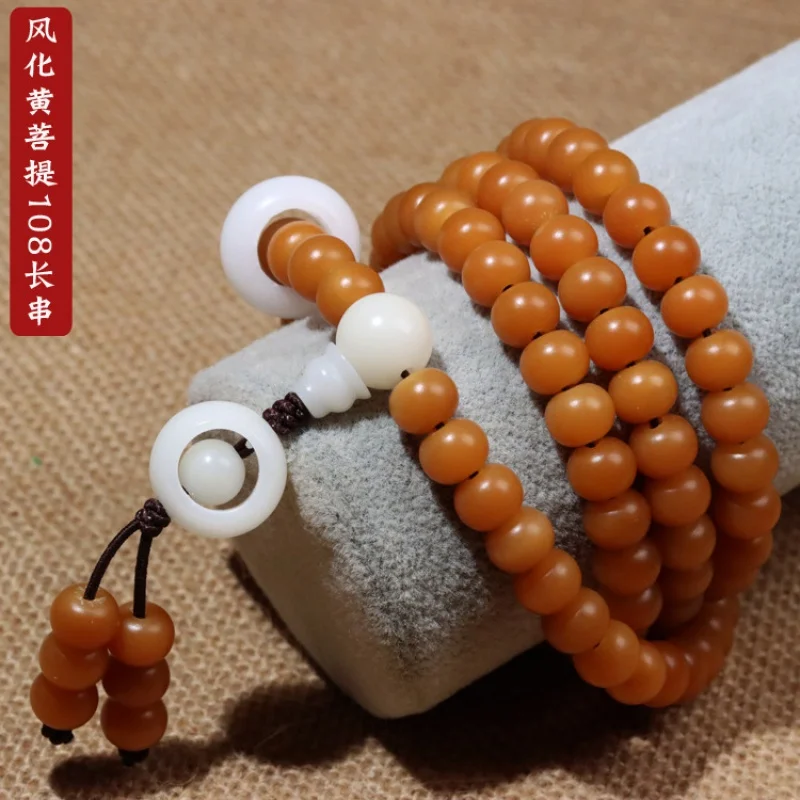 

Factory Supply Weathered Yellow Bodhi108Bracelet with Running Ring Weathering Apple round Beads Bodhi Seed Bracelet Bracelet