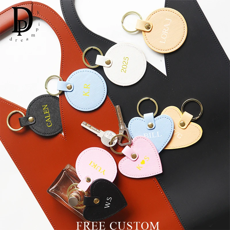 Custom Letter Cute Keychain Heart Round Leather Car Key Ring Engrave Initials Creative Mini Gift Fashion Bag Pendant Name Tag