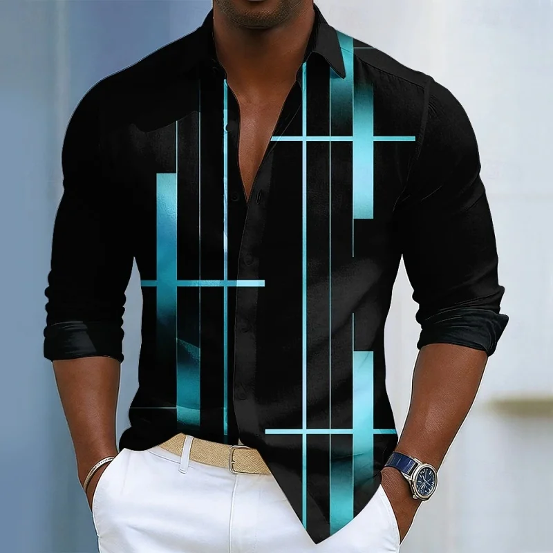 Men's shirt with black geometric line printed long sleeved shirt, high-quality business casual loose flap cardigan, men's top