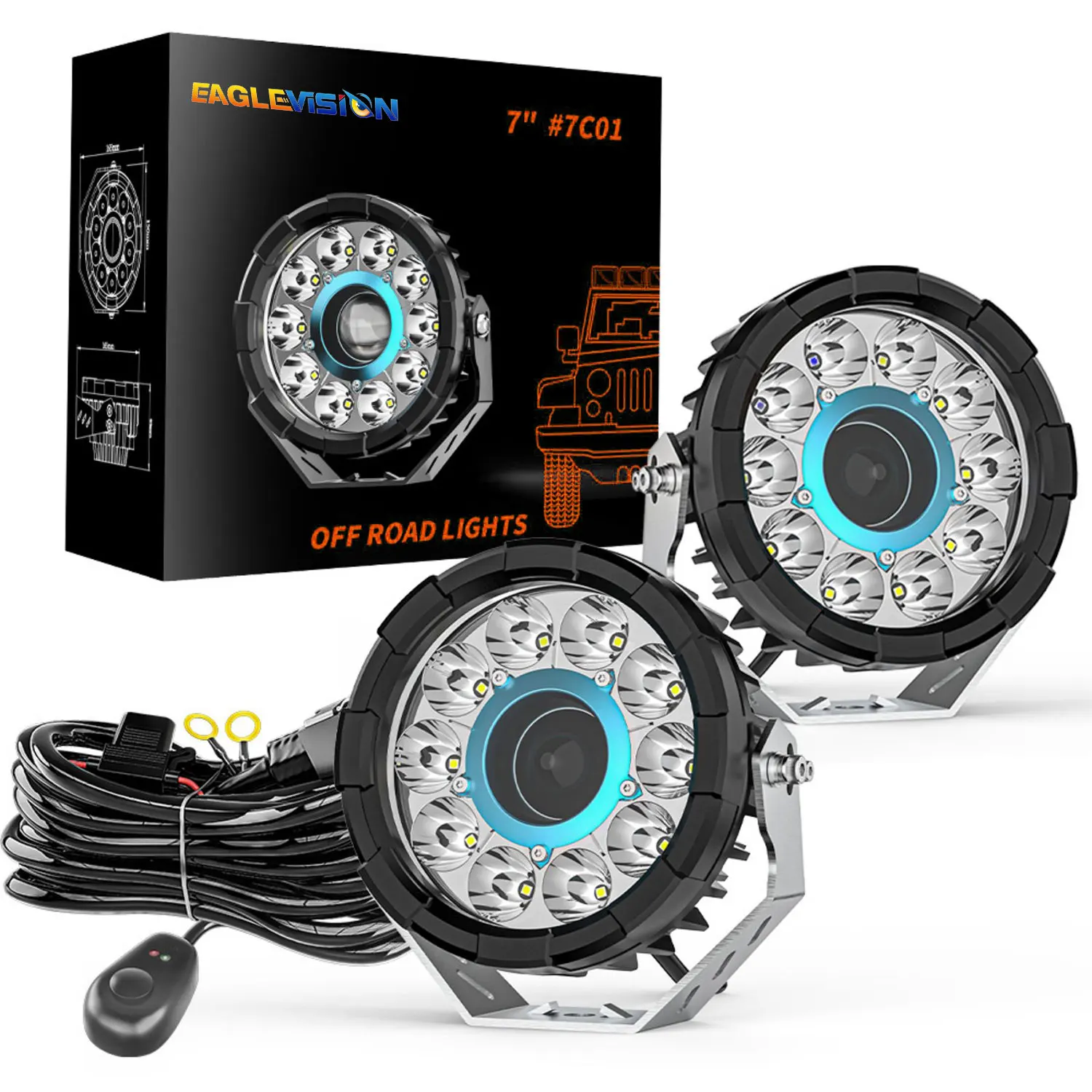 7inch universal LED Headlights Work Light Bar Daytime Driving Work 6000K Spot ComboLED Headlight for ATV Car Trucks Off Rpad 4x4