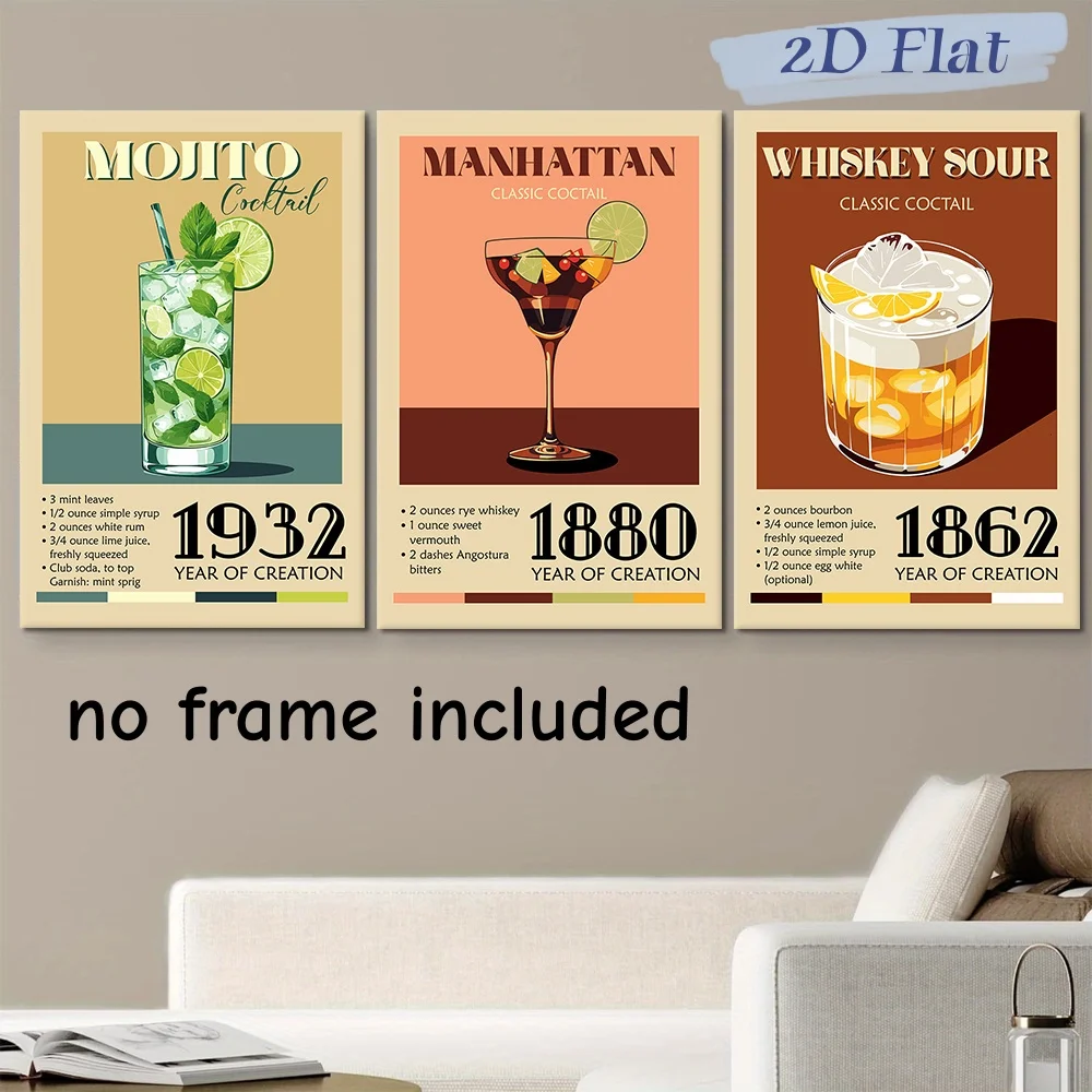 3-piece set Vintage Mojito Cocktail Recipe Decorative Art 1932 Classic Drink Poster Frameless Canvas Painting Restaurant Bar Kit