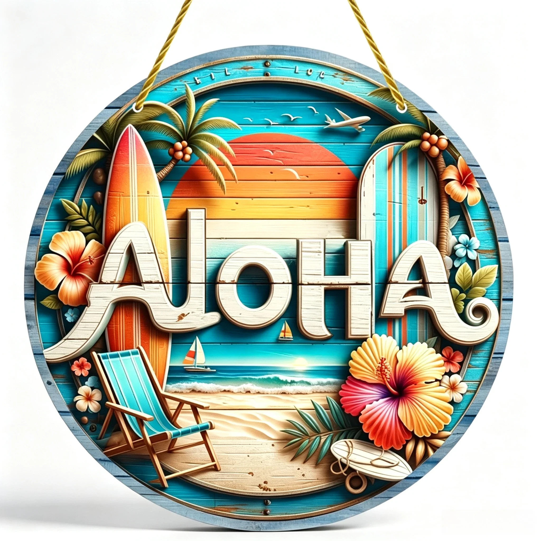 Aloha Hawaii Surfboard Round Welcome Sign Front Door Hanging Decor,Tropical Beach Palm Hibiscus Flower Circular Aloha Door Hanger Wall Ornament
