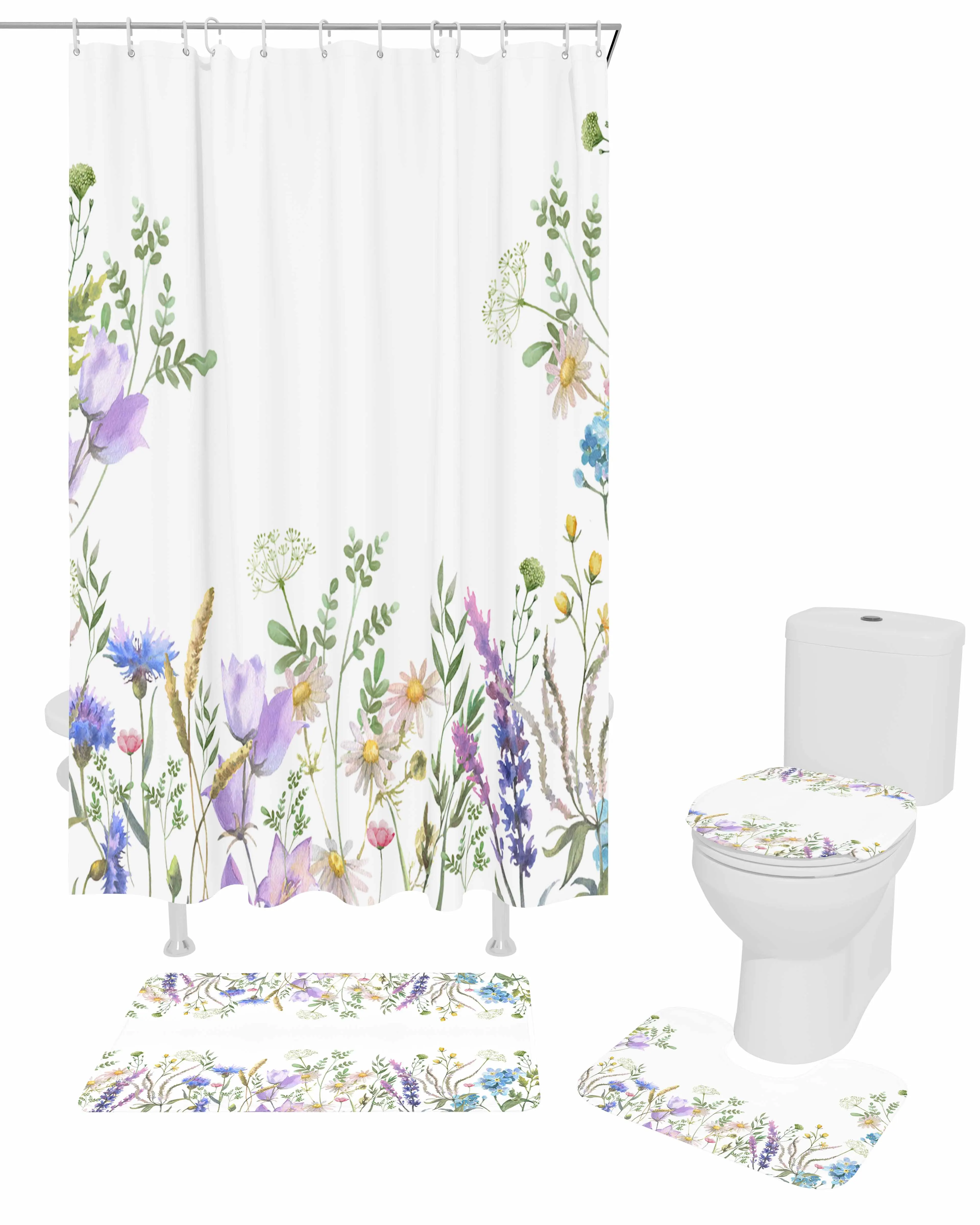 Plant Flowers LavenderPolyester printed shower curtain bathroom set,luxurious curtainsabstract 4-piece setcoral fleece floor mat