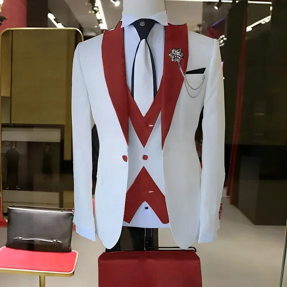 

Elegant Groom Wedding Tuxedo 3 Piece White Jacket with Red Pants Formal Customized Suit Costume Homme Italien Trajes De Hombre